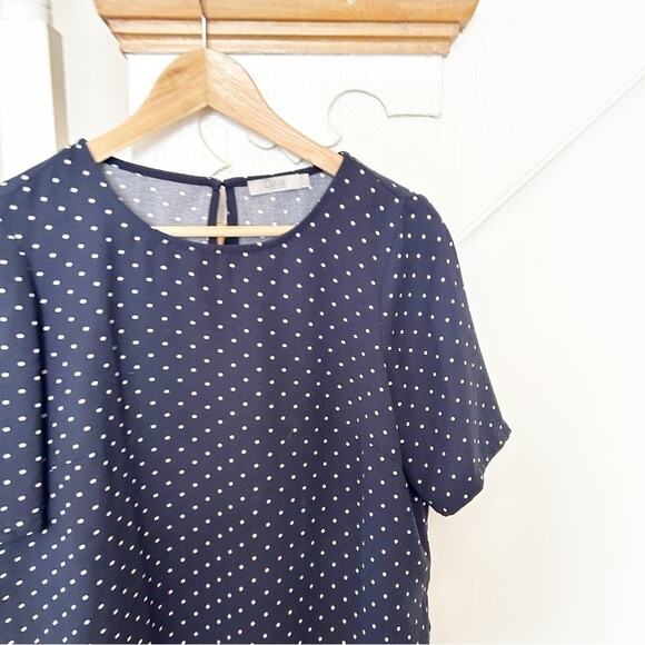 Dalia Navy Blue White Polka-Dot Short Sleeve Round Neck Pullover Top Blouse Sz S - Picture 2 of 4